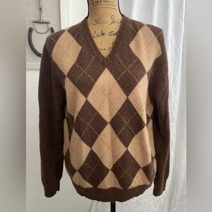 Brooks Brothers Vintage Camel Hair Argyle High V-Neck Sweater Preppy Size M